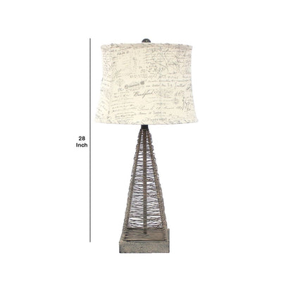 Metal Pyramid Base Table Lamp Set of 2 with Wire Design and Scripted Shade, Gray - View 6