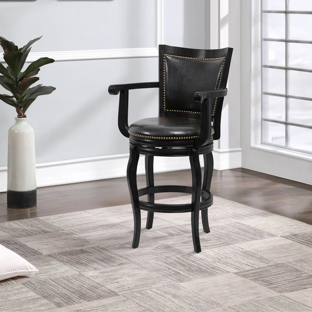 Hugo 29 Inch 360-Degree Swivel Barstool, Wood, Open Rolled Arms, Black - View 7