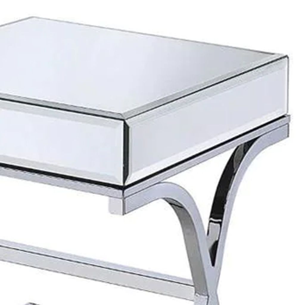 Contemporary Style Metal and Mirror Square End Table, Silver - View 3