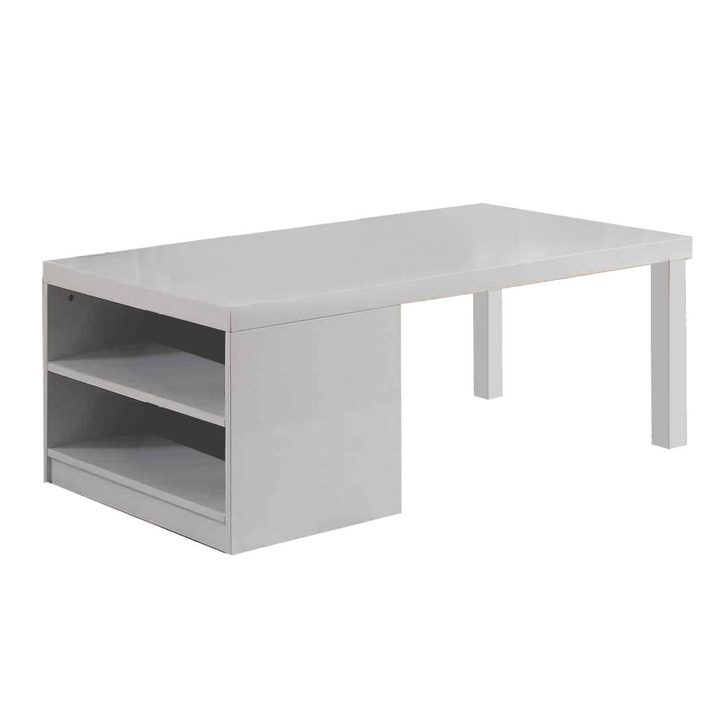 Wood and Metal Frame Coffee Table with Open Shelves, White and Chrome