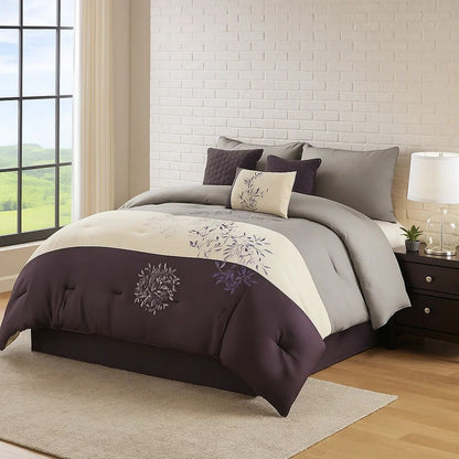 7 Piece King Polyester Comforter Set with Leaf Embroidery, Gray and Purple - View 7