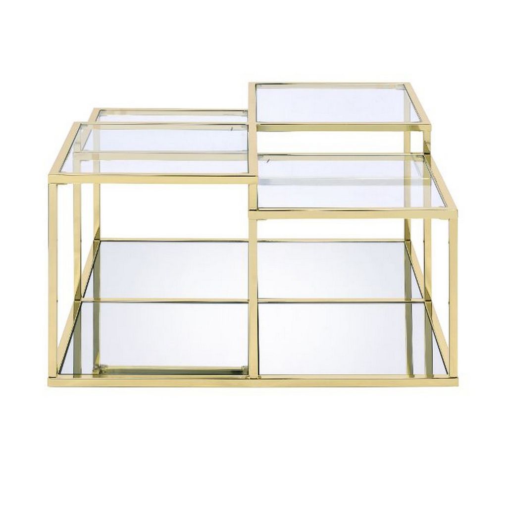 Coffee Table with Glass Top and Tubular Frame, Gold - View 3
