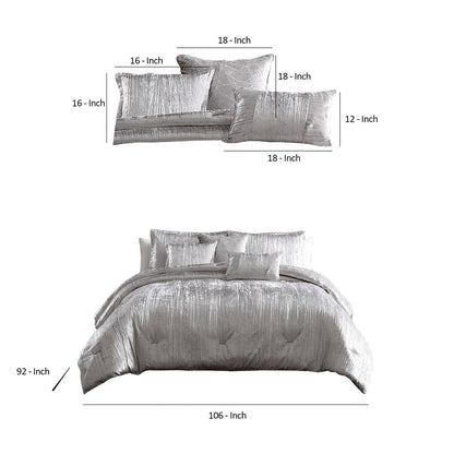 King Size 7 Piece Fabric Comforter Set with Crinkle Texture, Silver - View 6