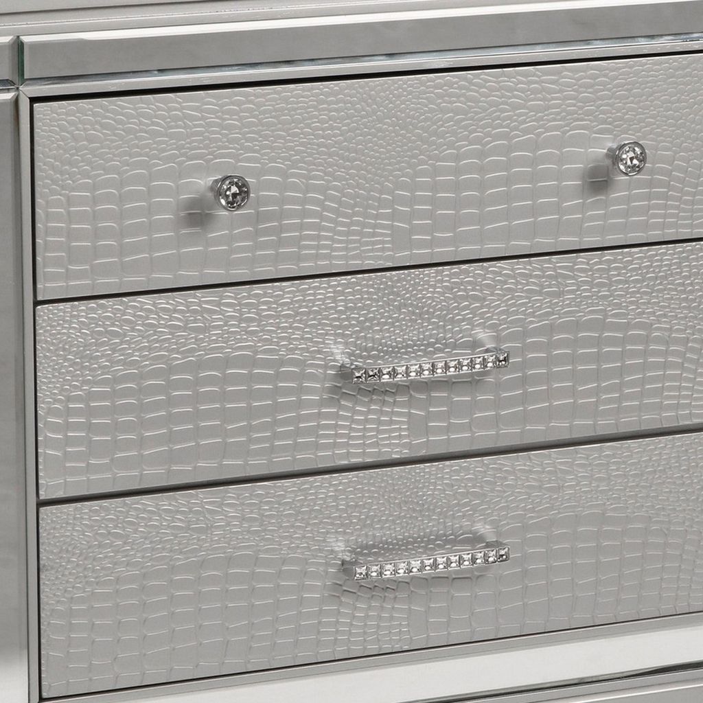 3 Drawer Wooden Nightstand with Mirror Accents and Faux Crystal Pulls, Gray - View 3