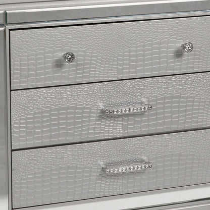 3 Drawer Wooden Nightstand with Mirror Accents and Faux Crystal Pulls, Gray - View 3