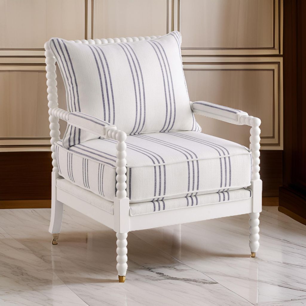 34 Inch Accent Chair, Reversible Pillow Backrest, Fabric, White, Navy - View 7