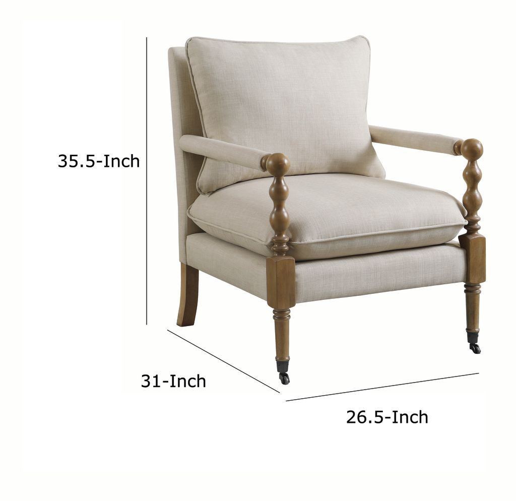 Fabric Upholstered Wooden Accent Chair with Manchette Armrest, Beige and Brown - View 5