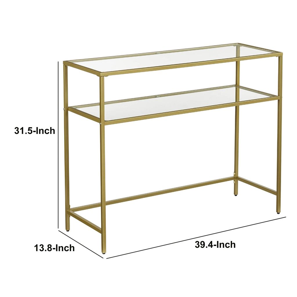 Kin 39 Inch Sofa Console Table, Metal Frame, Tempered Glass Shelves, Gold - View 6