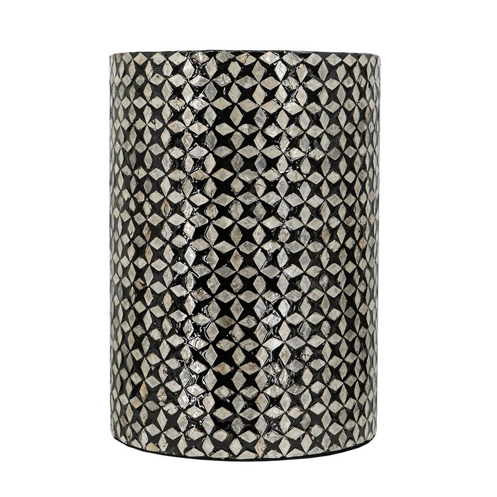 20 Inch Capiz Accent Stool Table, Cylindrical Geometric, Silver, Black - View 2