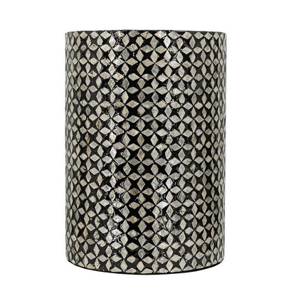 20 Inch Capiz Accent Stool Table, Cylindrical Geometric, Silver, Black - View 2