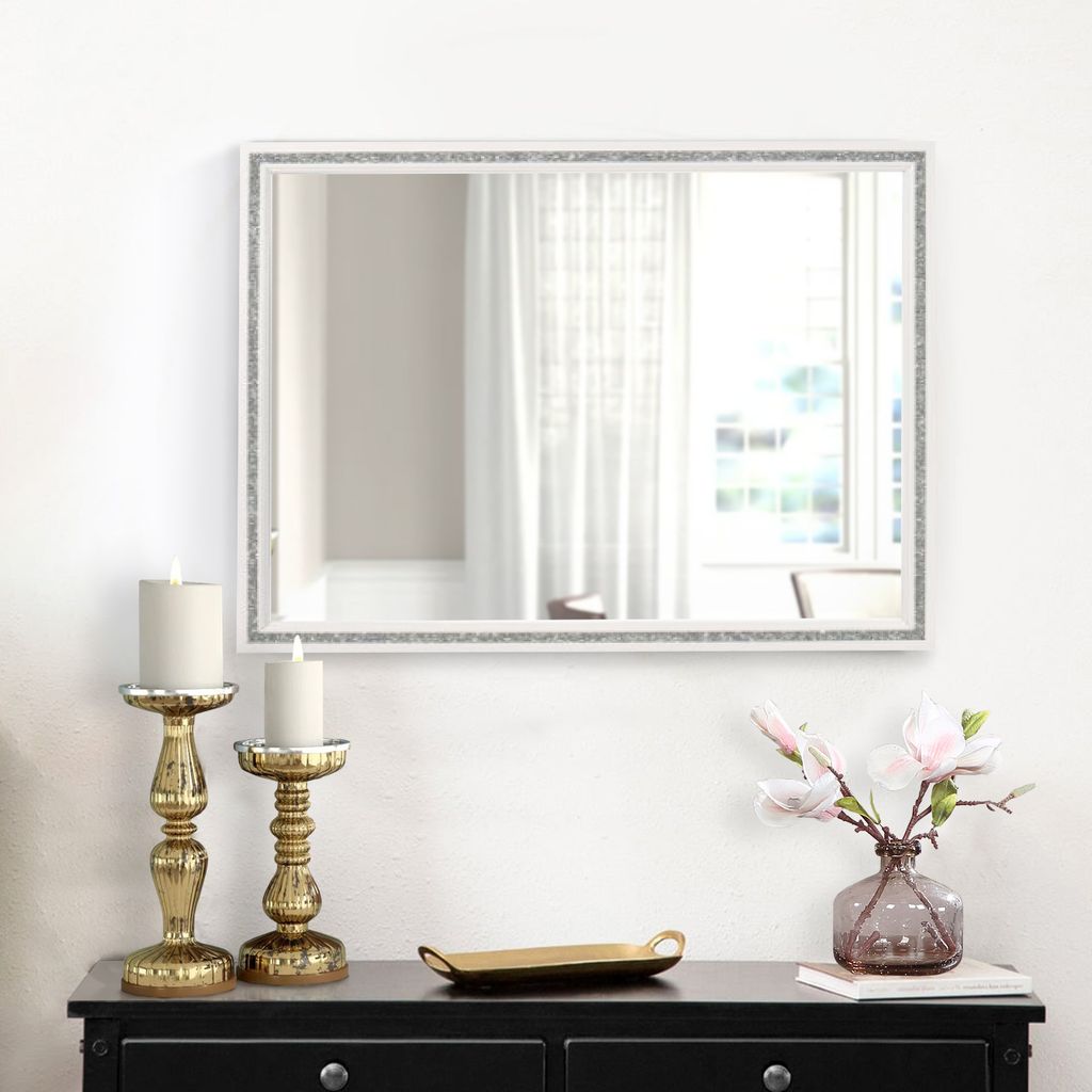 46 Inch Solid Wood Mirror, Shimmering Silver Accent, Landscape, White - View 7