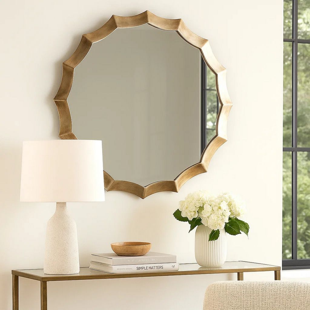 Round Mirror with Scalloped Metal Frame, Gold - View 7