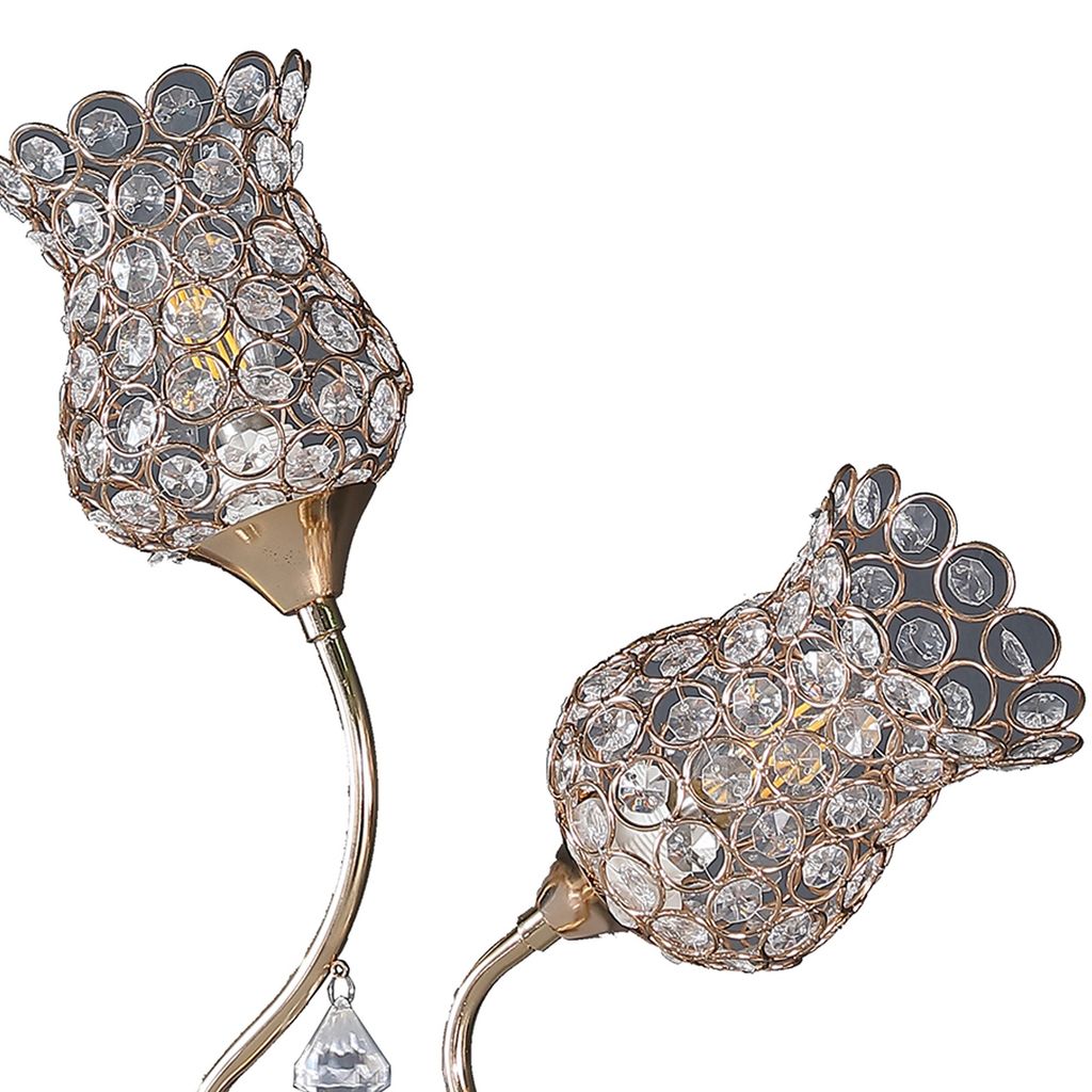 Metal Table Lamp with Floral Trumpet Shade and Crystal Accents, Gold - View 3