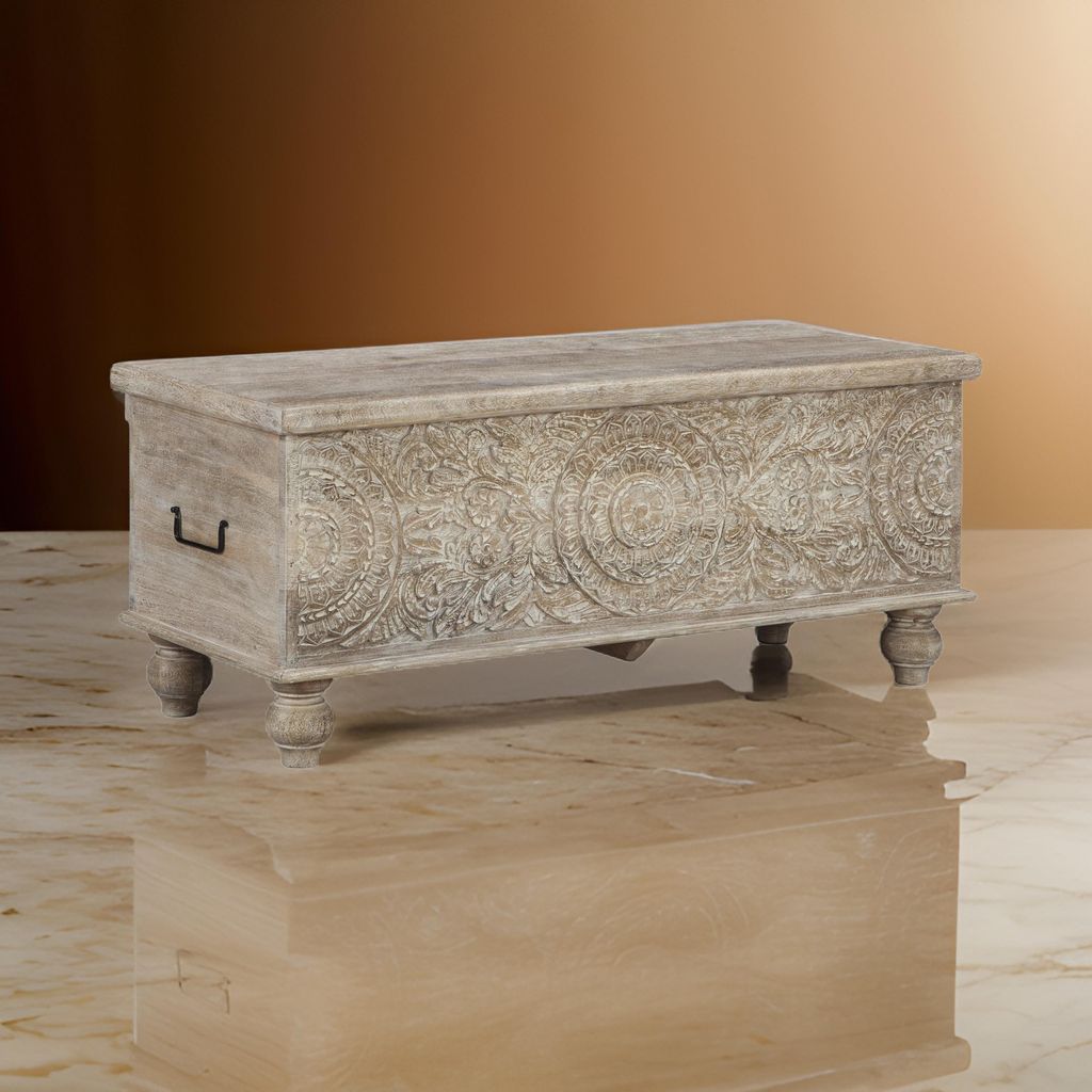 Medallion Pattern Wooden Storage Bench, Hinged Opening, Antique White, Black - View 7