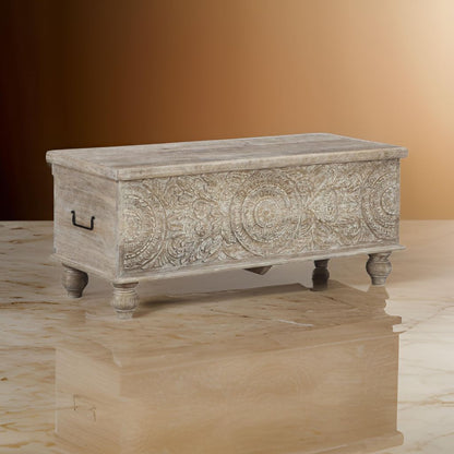 Medallion Pattern Wooden Storage Bench, Hinged Opening, Antique White, Black - View 7