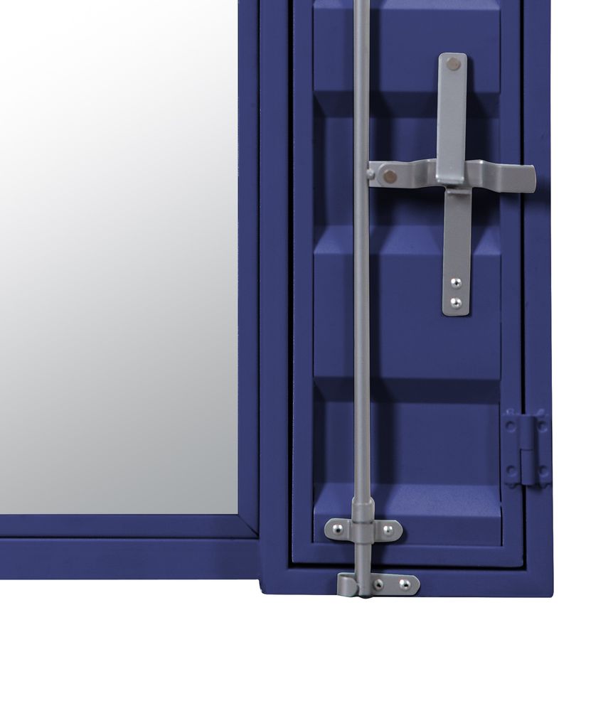 Industrial Style Metal Vanity Mirror with Recessed Door Front, Blue - View 4
