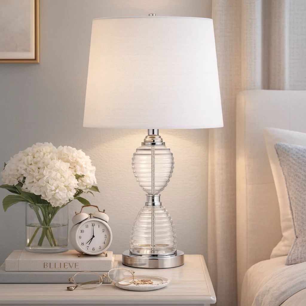 23 Inch Hourglass Ribbed Glass Base Table Lamp, Dimmer, Clear - View 7