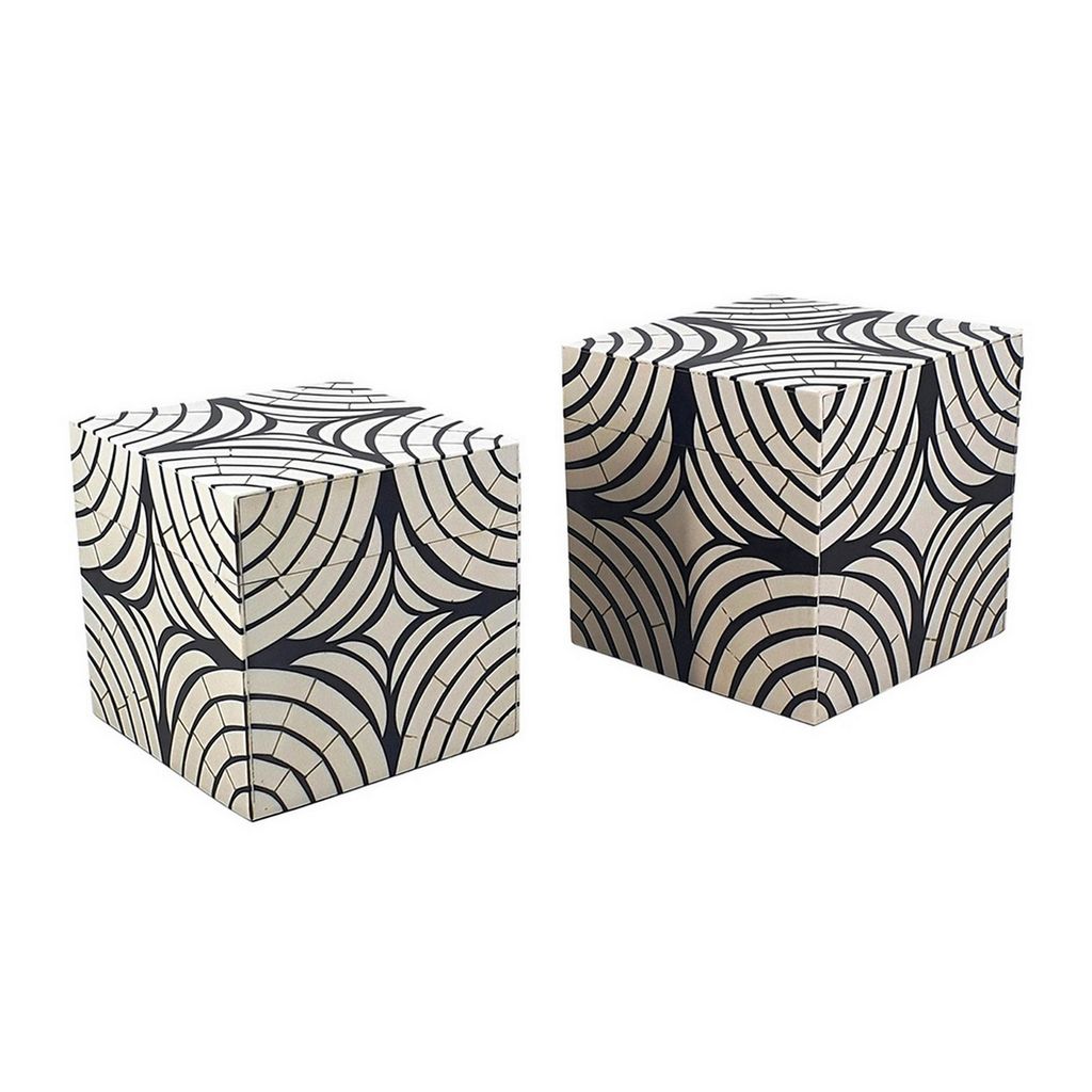 8, 7 Inch Storage Box Set of 2, Wood Frame, Black and White Trellis - View 2