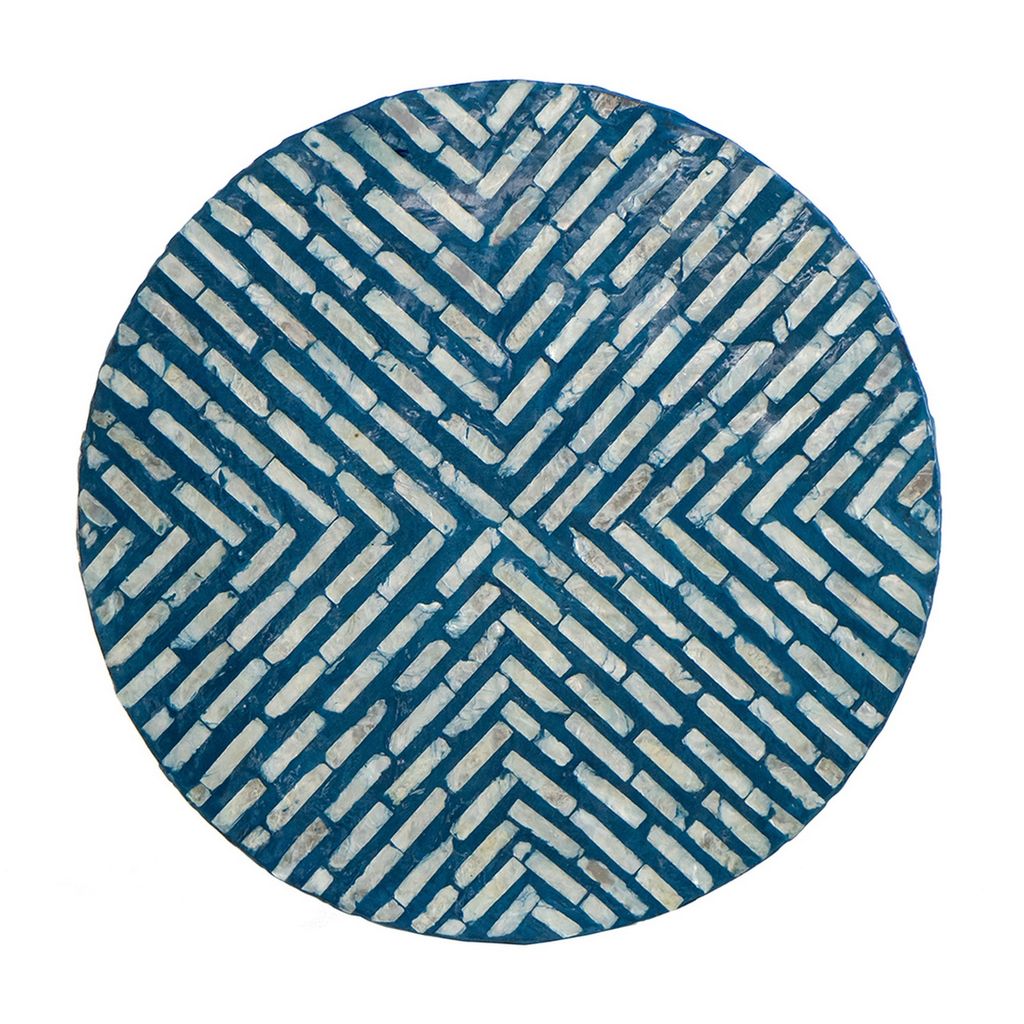 20 Inch Capiz Accent Stool Table, Cylindrical Linear Pattern, Blue, Black - View 4