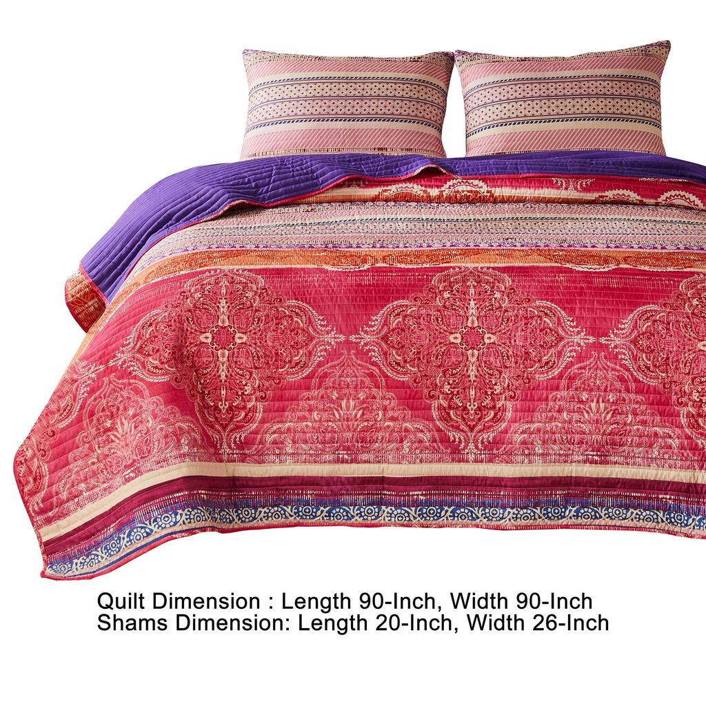 Dora 3 Piece Bohemian Full Quilt Set, Medallion, Paisley, Pink, Blue - View 6