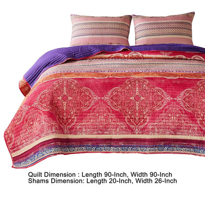 Dora 3 Piece Bohemian Full Quilt Set, Medallion, Paisley, Pink, Blue - View 6