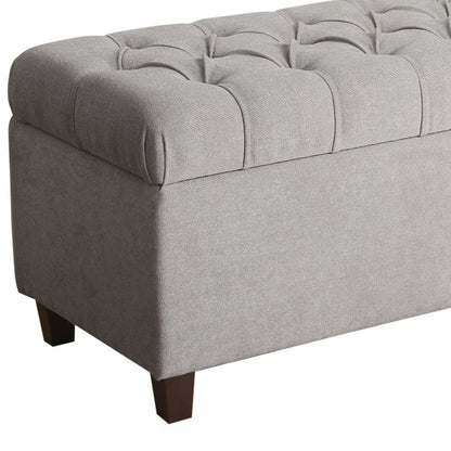 Fabric Upholstered Button Tufted Wooden Bench With Hinged Storage, Gray and Brown - View 2