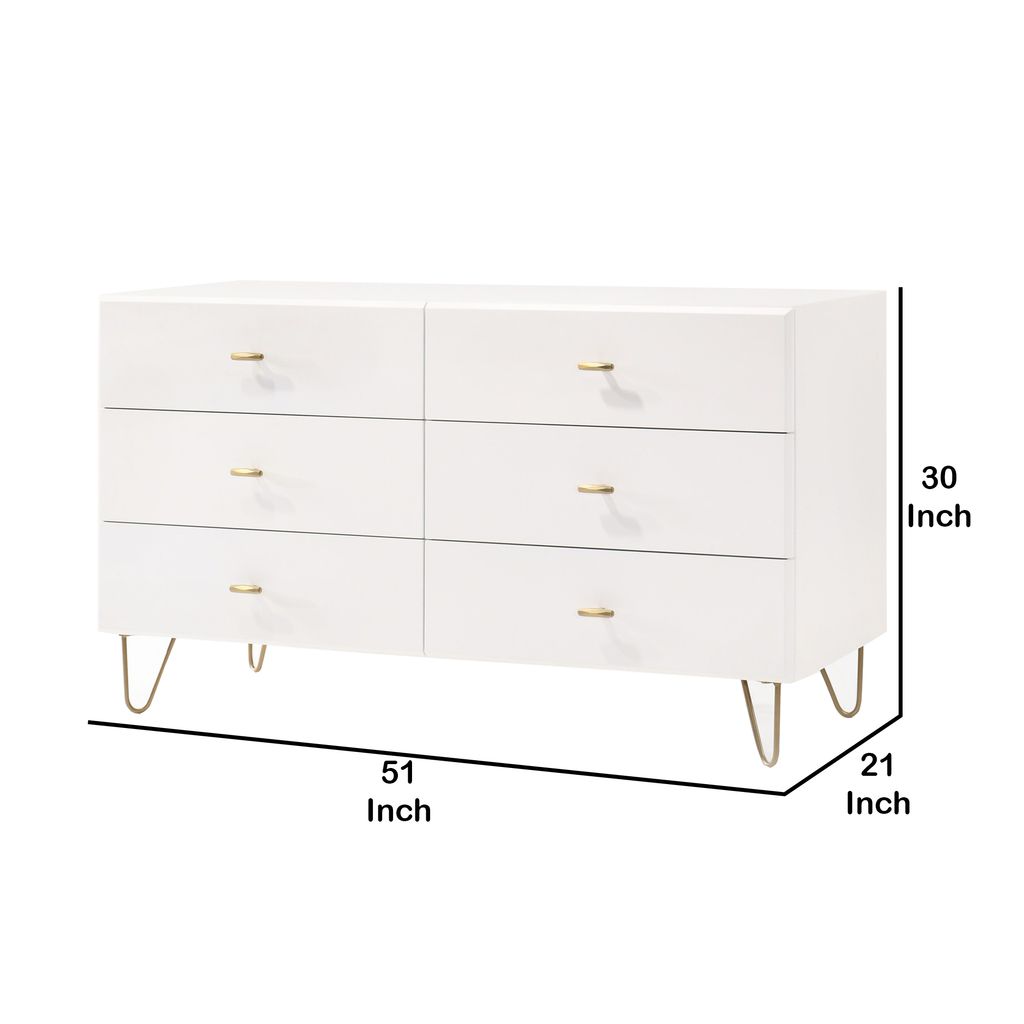 6 Drawer Wooden Dresser with Metal Hairpin Legs, White and Gold - View 5