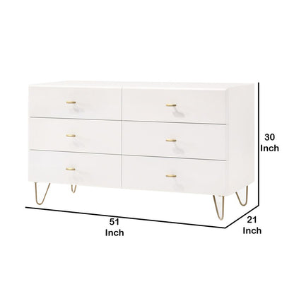 6 Drawer Wooden Dresser with Metal Hairpin Legs, White and Gold - View 5