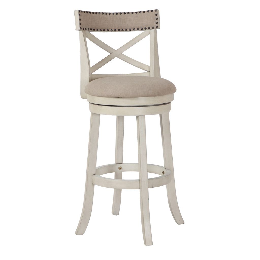 Curved X Shaped Back Swivel Barstool with Fabric Padded Seating, Antique White