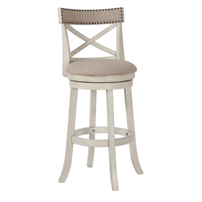 Curved X Shaped Back Swivel Barstool with Fabric Padded Seating, Antique White