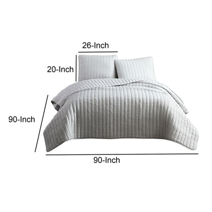 3 Piece Crinkle Queen Size Coverlet Set with Vertical Stitching,Light Gray - View 6