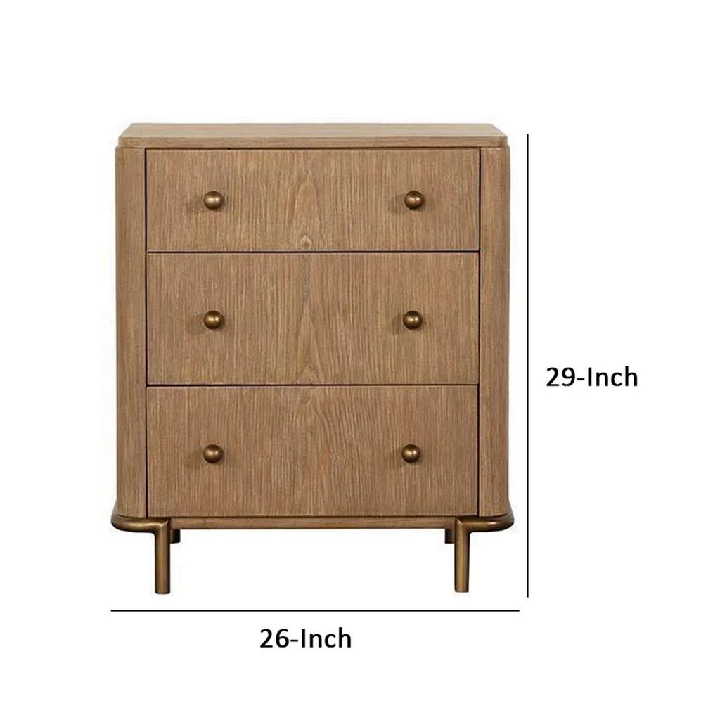 Hiz 29 Inch 3 Drawer Nightstand with Dual USB Ports, Brass Legs, Brown - View 5