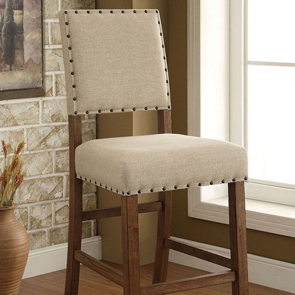 Counter Height Chair, Beige Fabric, Nailhead Trim, Set of 2, Brown Wood Legs - View 2