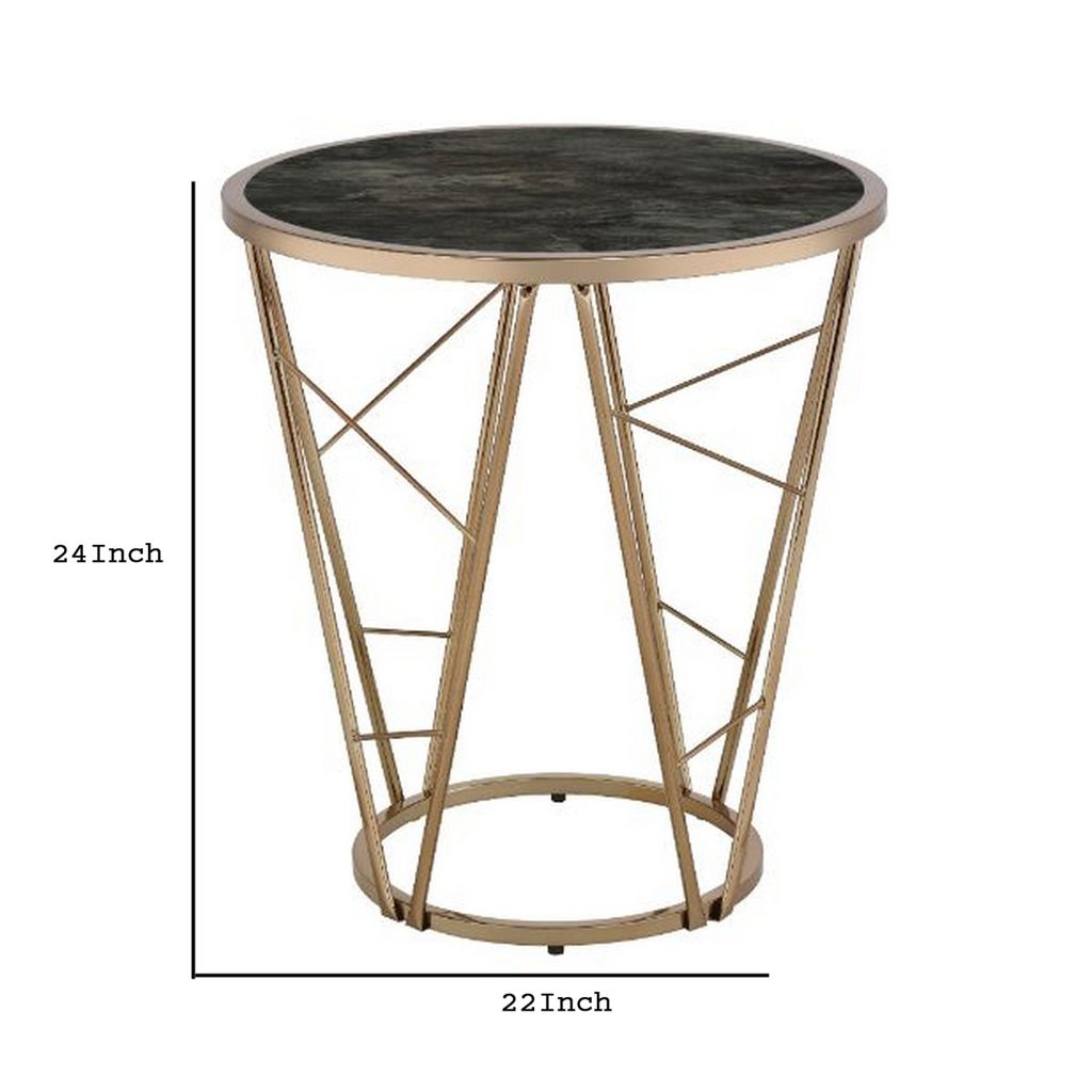 End Table with Glass Top and Geometric Frame, Black and Gold - View 6