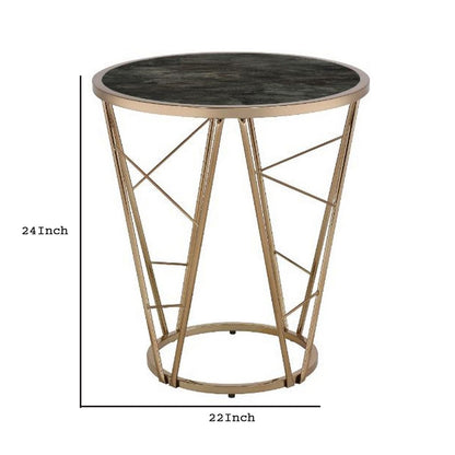 End Table with Glass Top and Geometric Frame, Black and Gold - View 6