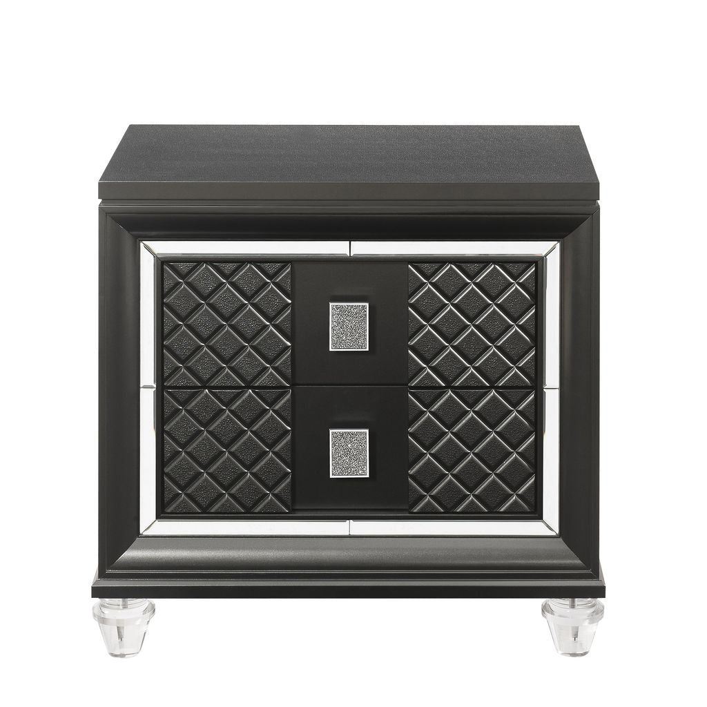 2 Drawer Wooden Nightstand with Mirror Accents and Diamond Pattern, Black - View 2