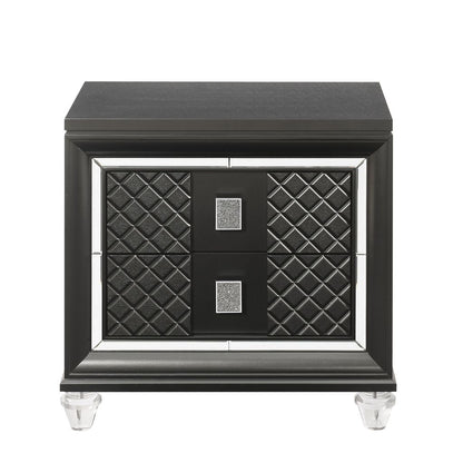 2 Drawer Wooden Nightstand with Mirror Accents and Diamond Pattern, Black - View 2