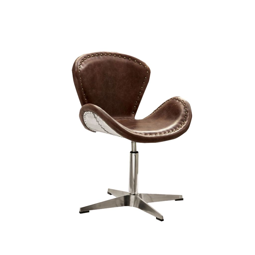 Retro Top Grain Leather Accent Chair with Swivel, Brown & Silver - View 3