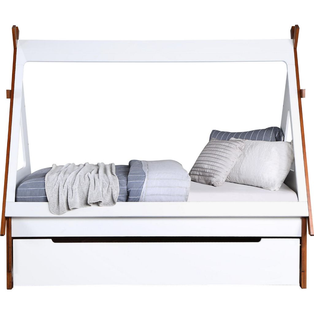 Teo Wood Twin Bed, House Shaped Bed Frame, Slat System, Brown, White - View 3
