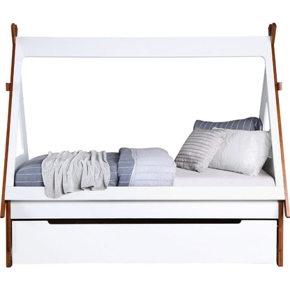 Teo Wood Twin Bed, House Shaped Bed Frame, Slat System, Brown, White - View 3