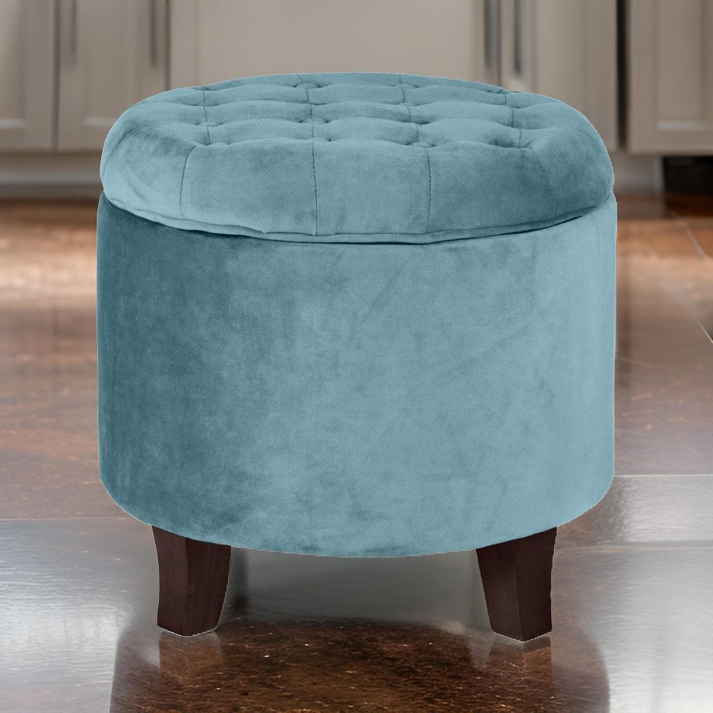 Button Tufted Velvet Upholstered Wooden Ottoman with Hidden Storage, Blue and Brown - View 7