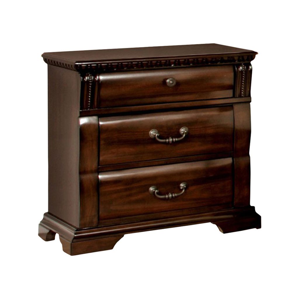 28 Inch Bedside Nightstand, 3 Drawers with Pewter Handles, Classic Dark Cherry Brown Solid Wood
