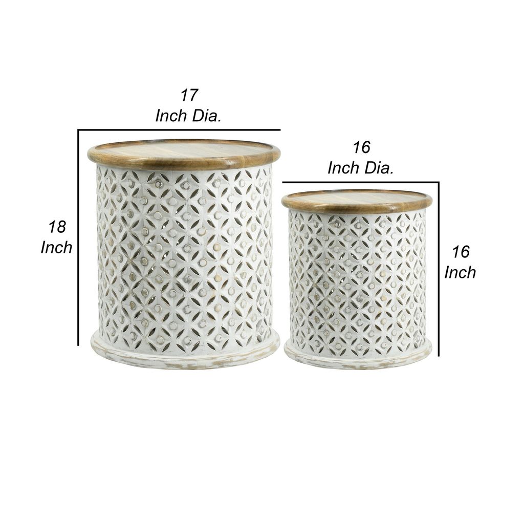 18, 16 Inch Accent Tables, Round, Mango Wood, Floral Cut Out, Brown, White - View 6