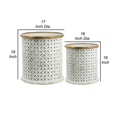 18, 16 Inch Accent Tables, Round, Mango Wood, Floral Cut Out, Brown, White - View 6