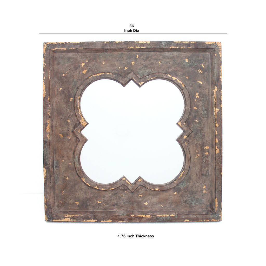 Quatrefoil Pattern Wood Mirror with Distressed Finish, Silver and Brown - View 5
