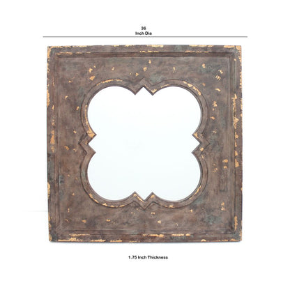 Quatrefoil Pattern Wood Mirror with Distressed Finish, Silver and Brown - View 5