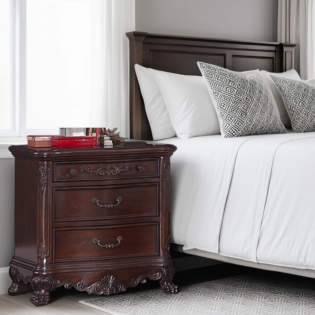 Wooden Night Stand With Intricate Carvings Cherry Brown - View 7