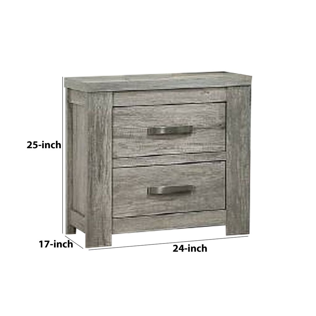 Wooden Nightstand with Two Drawers and Metal Bar Handles, Gray - View 5