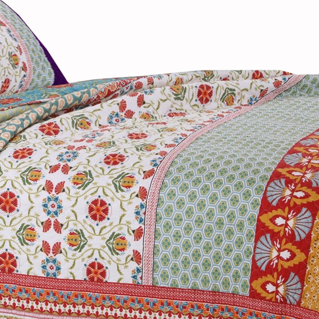 Geometric and Floral Print King Size Quilt Set with 2 Shams, Multicolor - View 4