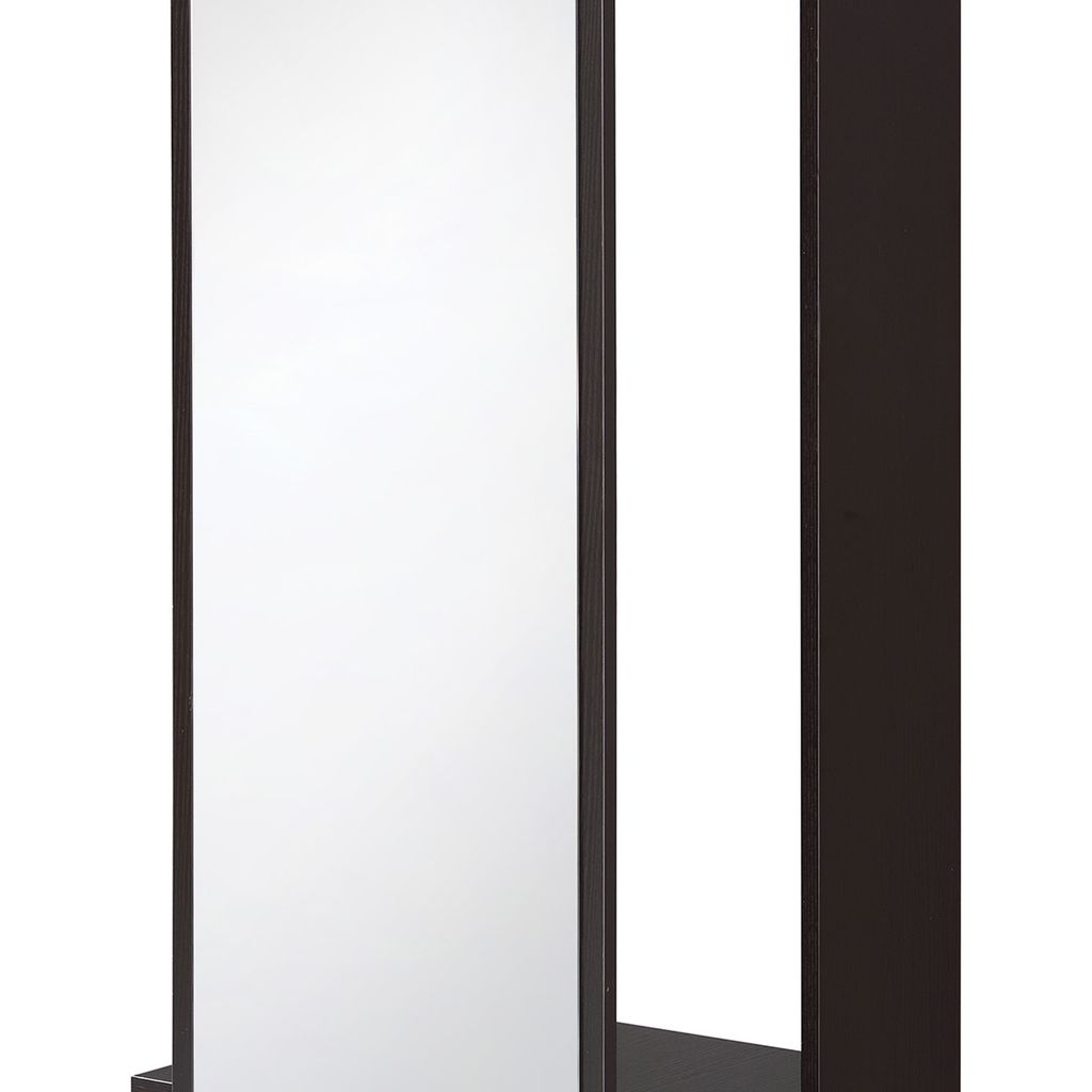 Mirror and Wood Hall Tree with Hanging Rod and Casters, Brown and Silver - View 4